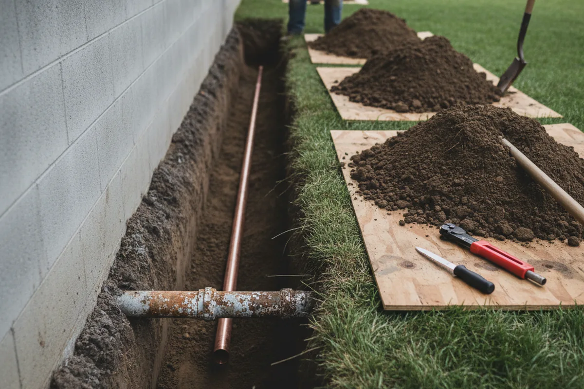 Excavated water line trench during Water Heater Repair in The Sea Ranch